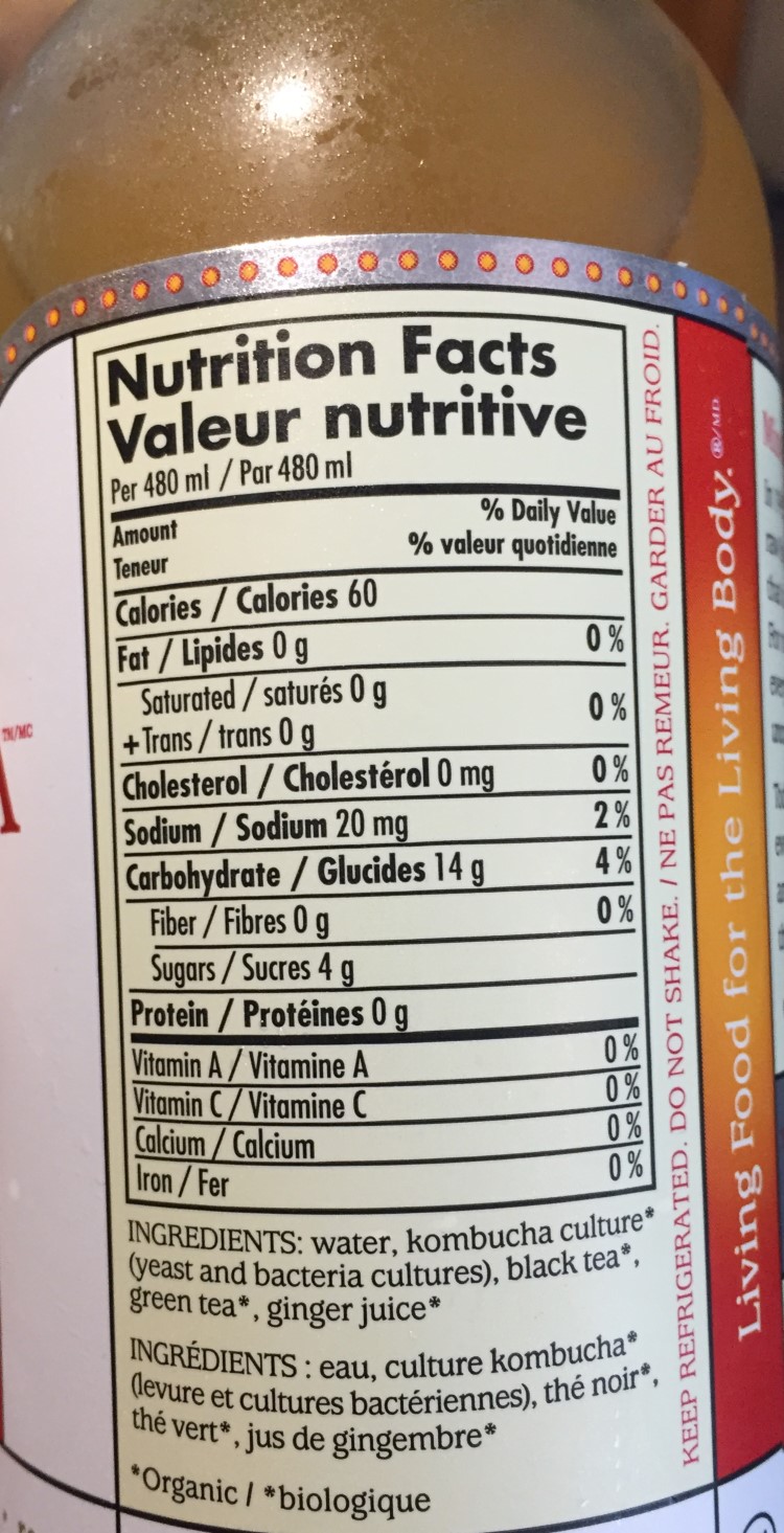 synergy kombucha nutrition label